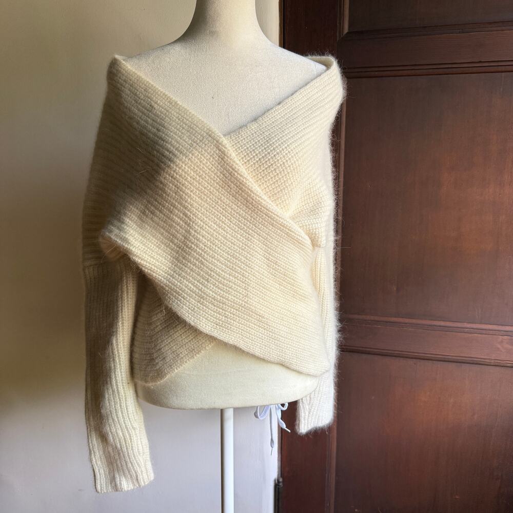 MAJE Cream Angora Blend Soft Chunky Knit Crossover Wrap style Sweater 1 / Small